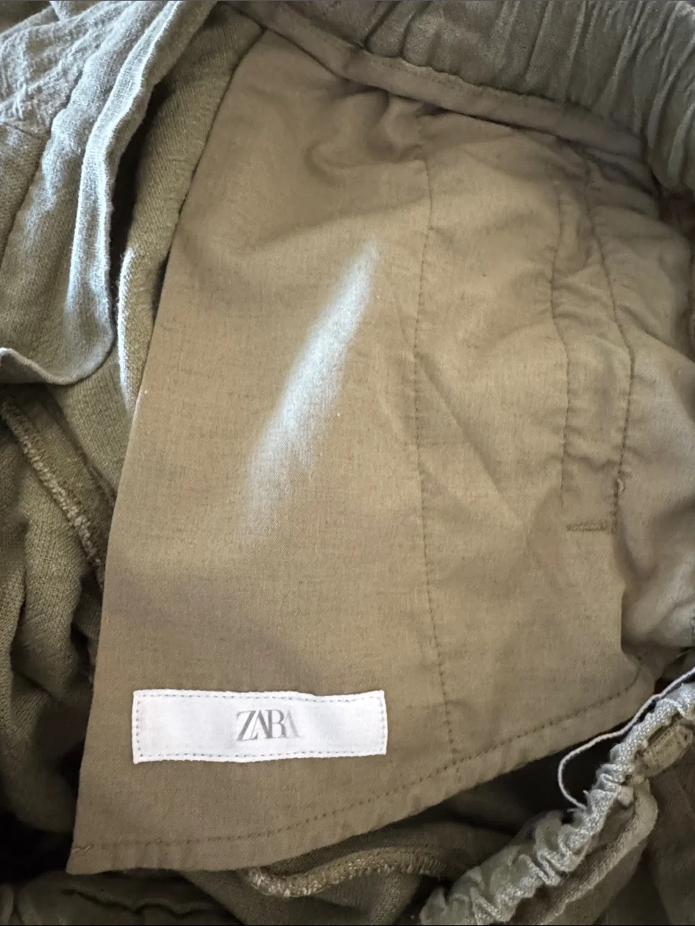 Zara Olive Green Linen Blend Wide Leg Pants Coastal Resort Earthy Minimalist S